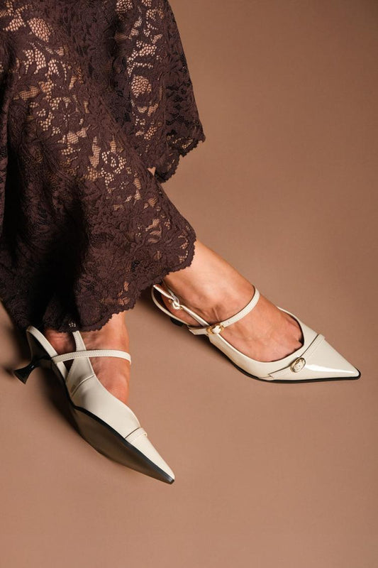 Instep Strap Buckle Pointed Toe Slingback Ivory Kitten Heels [Pre Order]
