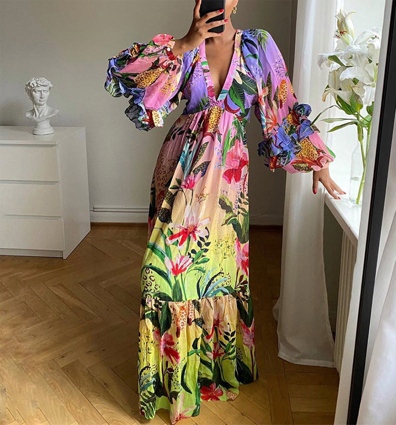 V-Neck Ruffle Sleeve Tiered Maxi Dress