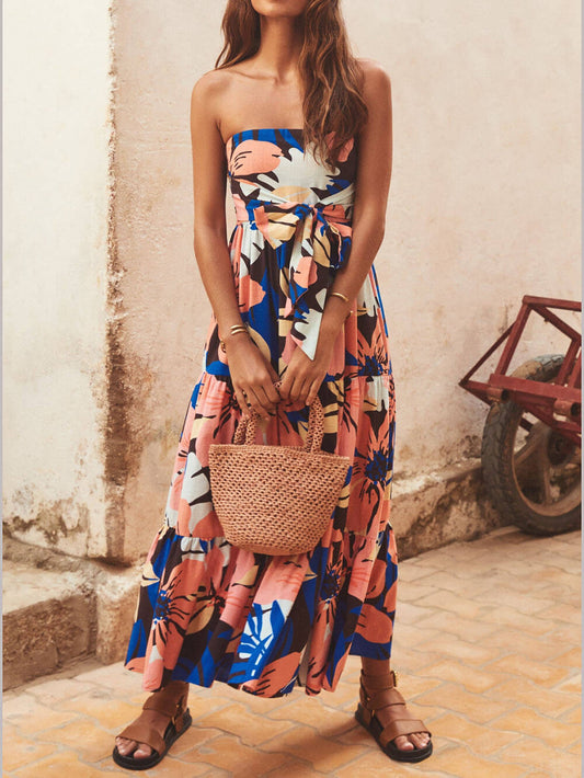 Strapless Printed Tiered Maxi Dress