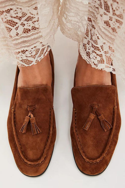 Suede Tassels Trim Round Toe Slip On Flats [Pre Order]