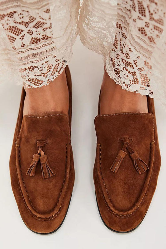 Suede Tassels Trim Round Toe Slip On Flats [Pre Order]