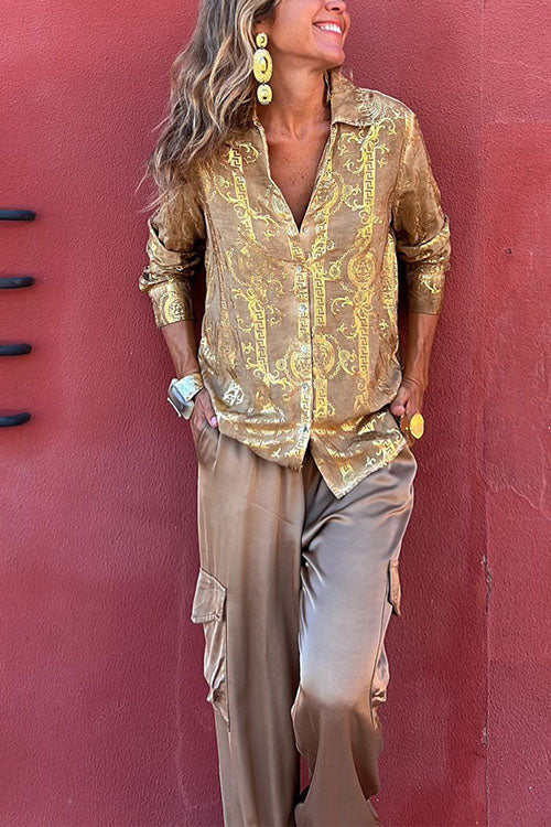 Ornate Print Button Down Long Sleeve Blouse Shirt