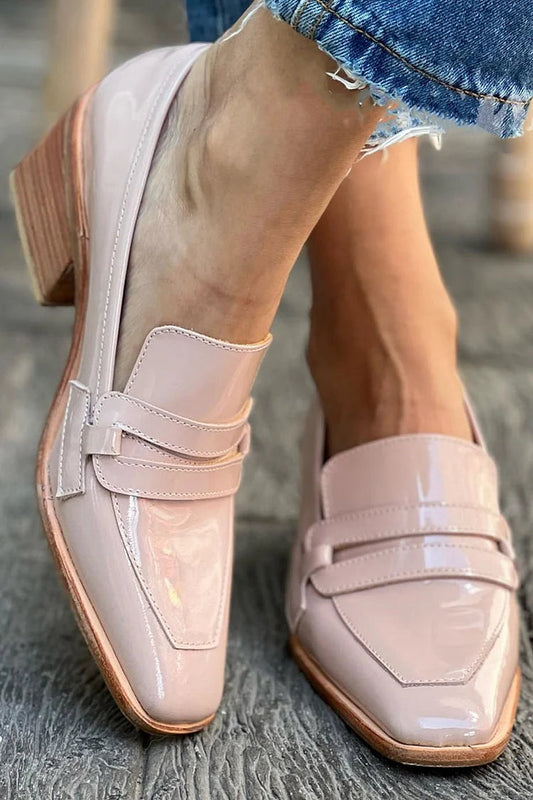 Square Toe Pink Leather Patent Chunky Loafers Heels