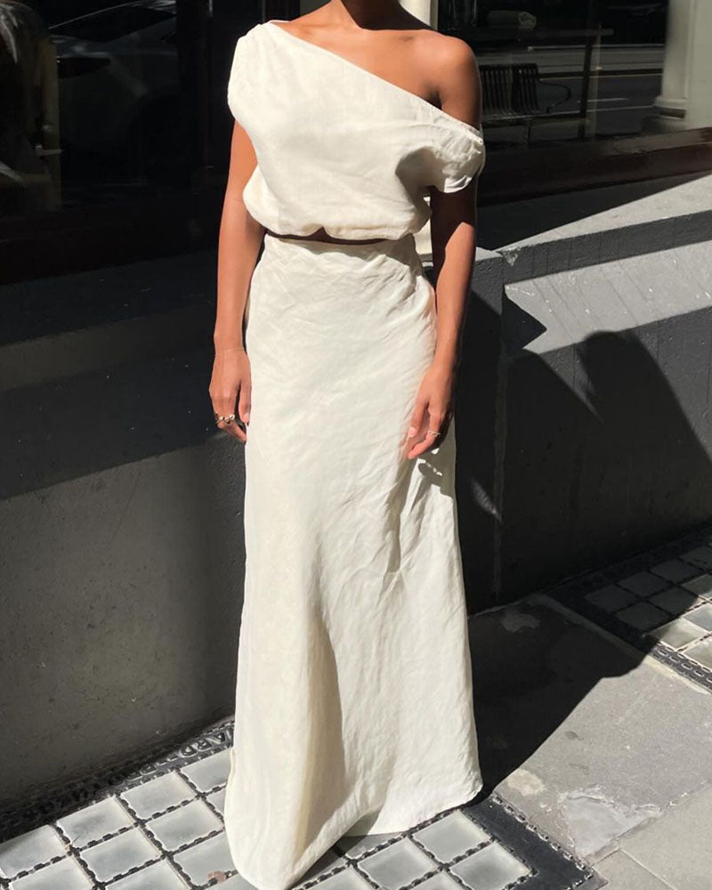 Cotton and linen slanted shoulder two-piece set