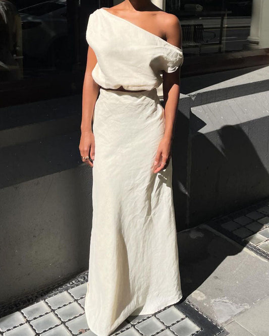 Cotton and linen slanted shoulder two-piece set