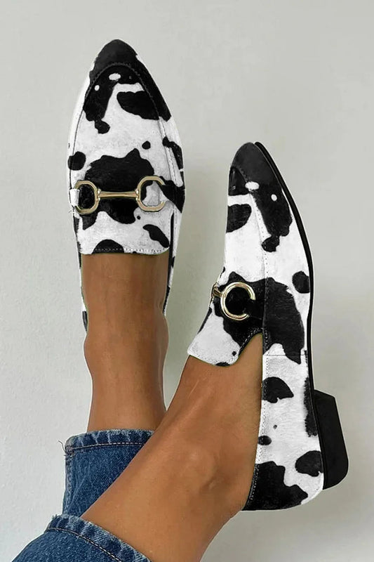 Metallic Buckle Cow Print Stitching Pointy Toe Flats