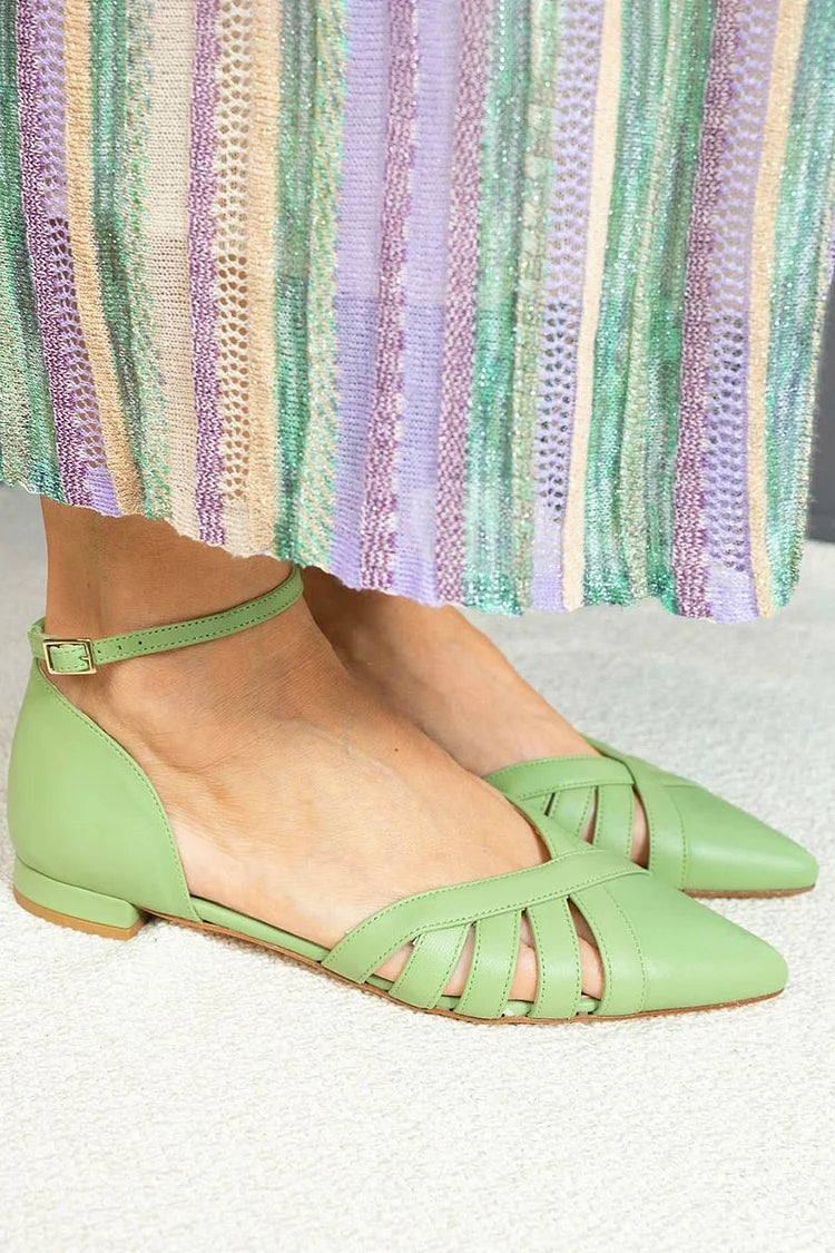 Ankle Strap Buckle Pointed Toe Cage Flats