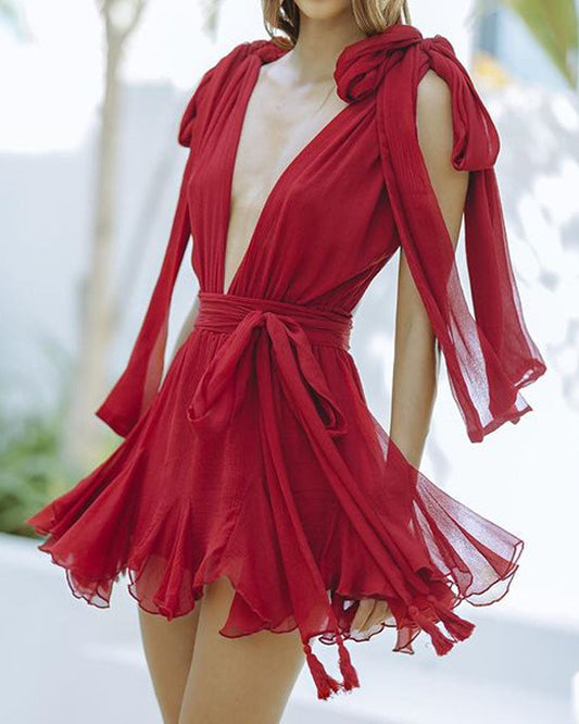 Plunging Neckline Chiffon Tie-Waist Mini Dress