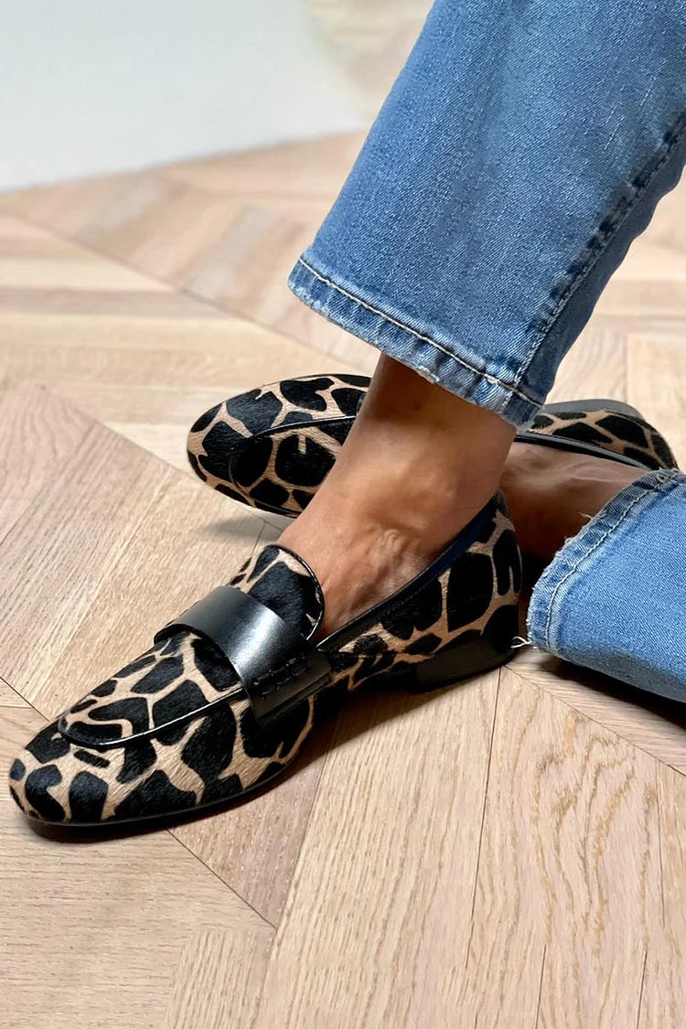 Cow Print Faux Fur Round Toe Slip On Loafers