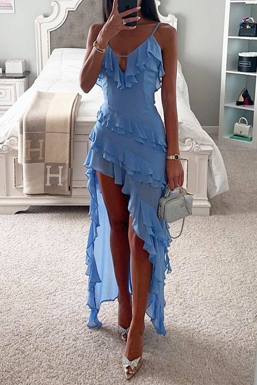 V-Neck Ruffle Trim High Low Cami Dress