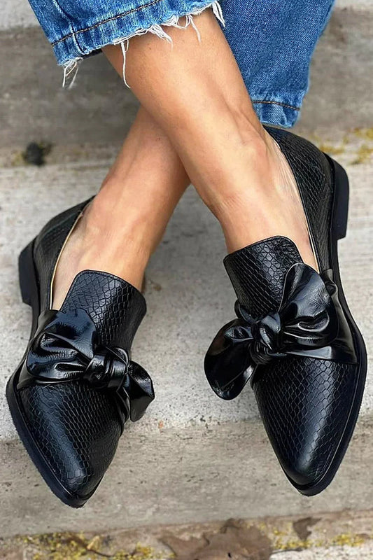Snakeskin Print Bow Knotted Pointy Toe Slip On Loafers