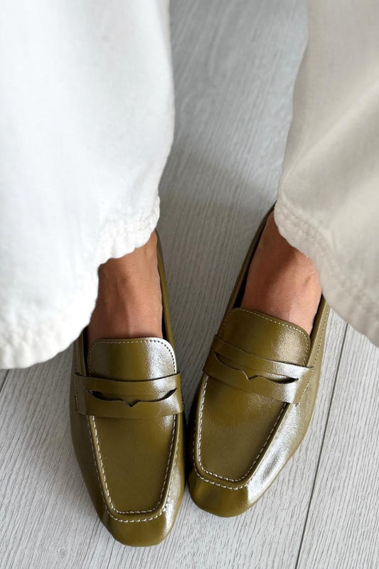 Seam Detail Patch Belt Solid Square Toe Army Green Loafers [Pre Order]