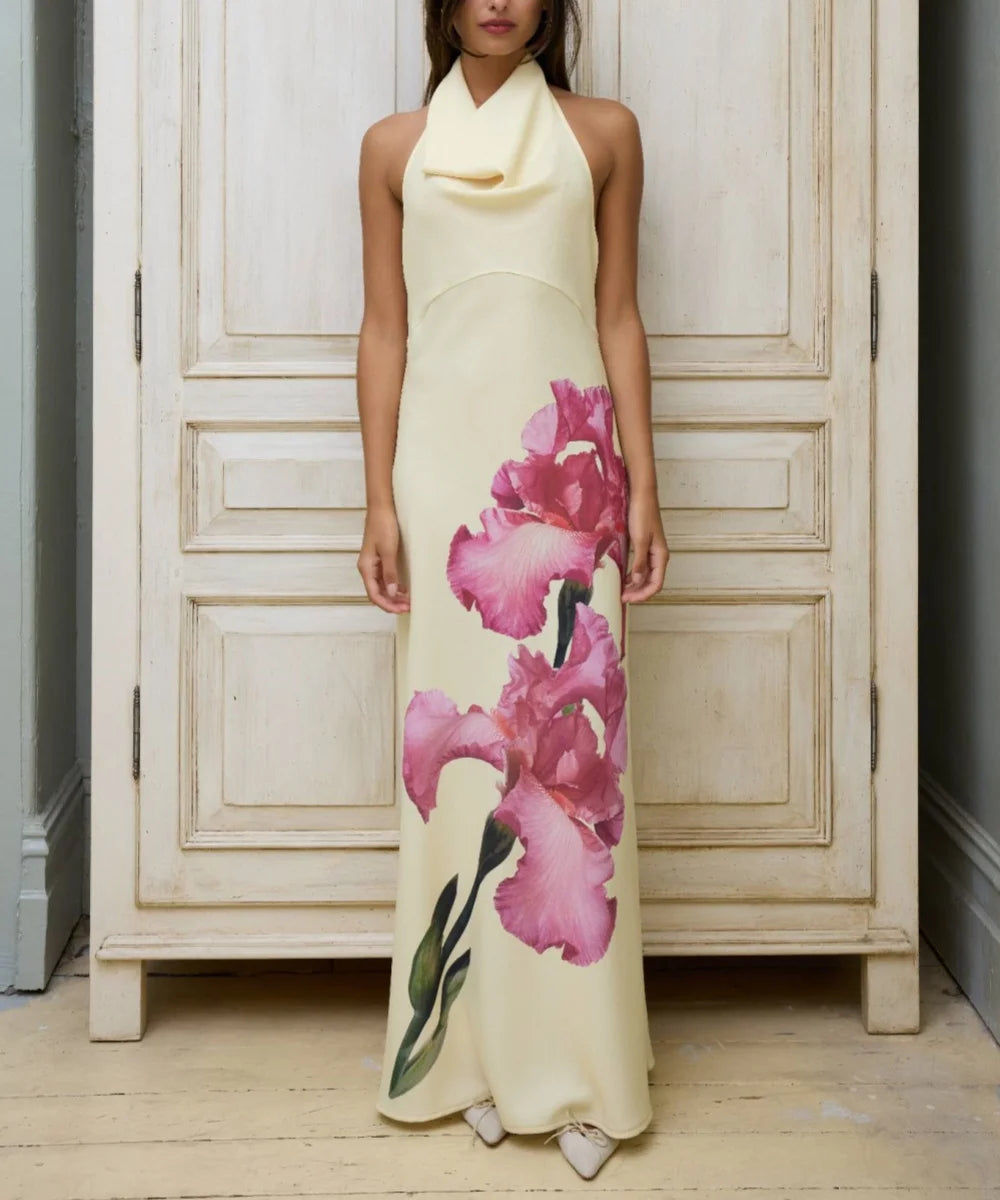 Art Iris Floral Cowl Neck Halter Maxi Dress