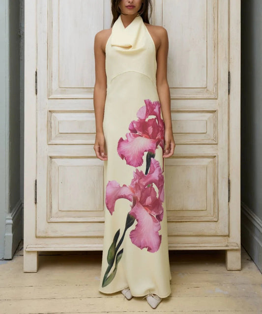 Art Iris Floral Cowl Neck Halter Maxi Dress