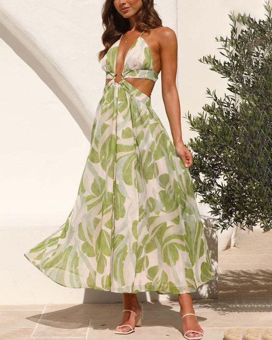 Halter Neck Cutout Midi Dress Open Back Lace Up Print
