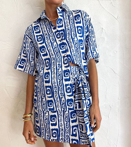 Abstract Geometry Print Shirt Short Set Button Front Collared Top Tie Waist Bottom
