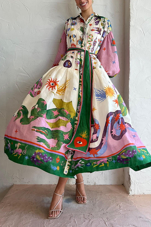 Vestido maxi estampado de estilo corto francés retro con mangas globo y cierre de botones