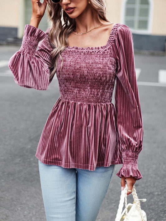 Smocked Velvet Square Neck Long Sleeve Peplum Top