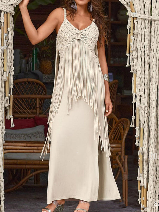 V-neck Crochet Fringe Detail Side Slit Maxi Dress