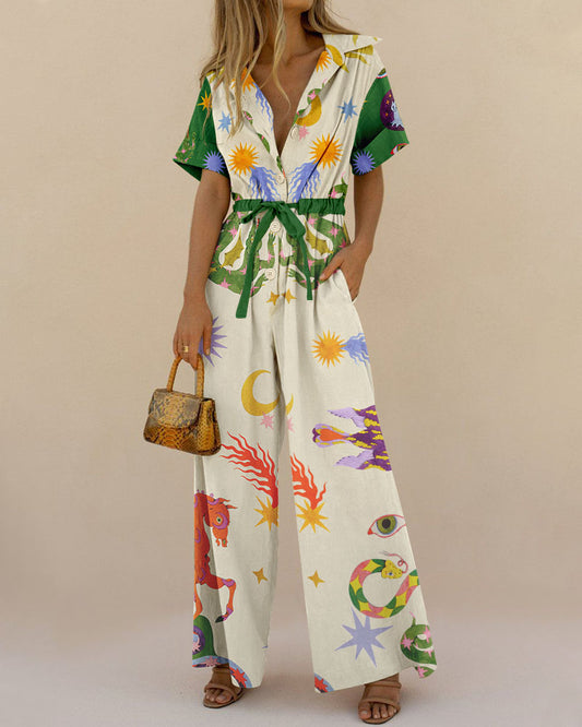 Abstract Art Print Short Sleeve Button Front Lounge Jumpsuit