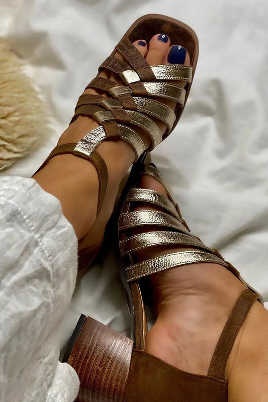 Asymmetric Woven Strap Hollow Out Sandals Block Heels