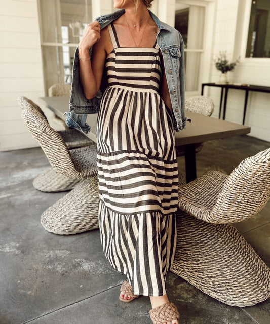 Square Neck Tiered Striped Maxi Dress