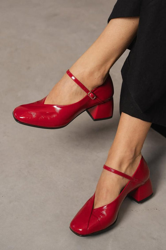 Patent Instep Strap Buckle Patchwork Square Toe Chunky Heels [Pre Order]