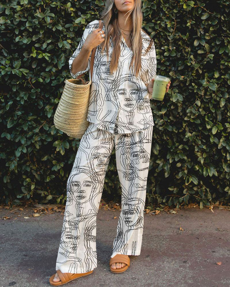 Line Face Print Casual Button Down Shirt And Pants Set