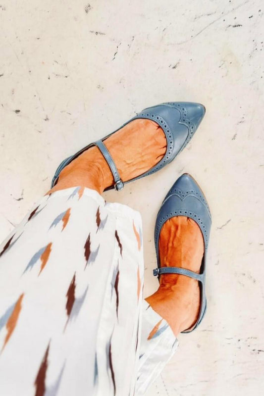 Patchwork Pointed Toe Instep Strap Buckle Flats [Pre Order]