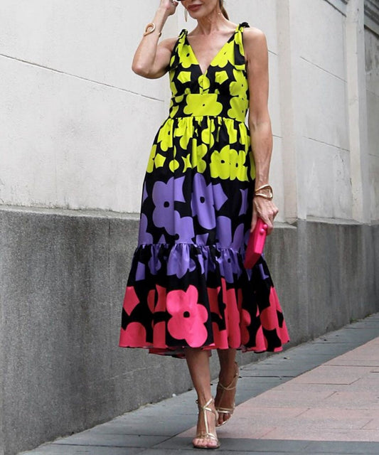 Flower Print Midi Dress V-Neck Tie-Strap Tiered