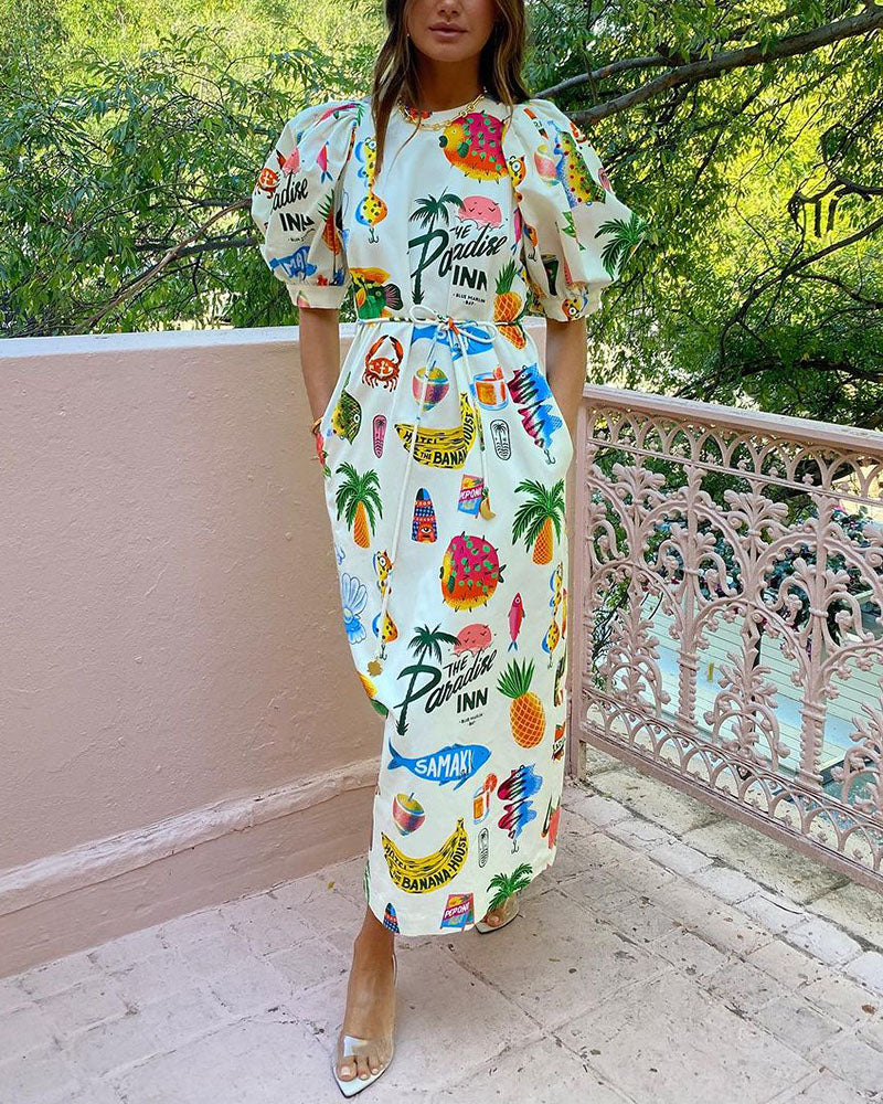 Midi-Kleid mit Puffärmeln, Schnürung und Print