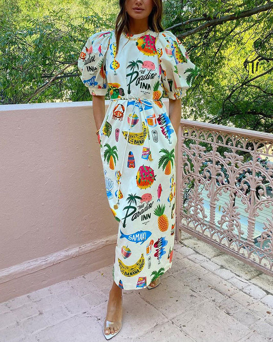 Puff sleeve lace-up printed midi dress