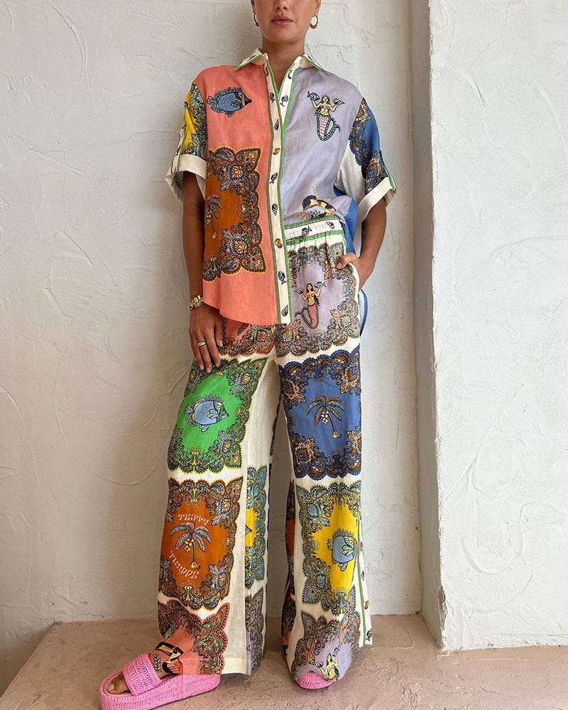 Abstract Print Button Up Short Sleeve Shirt And Pants Two Piece Set