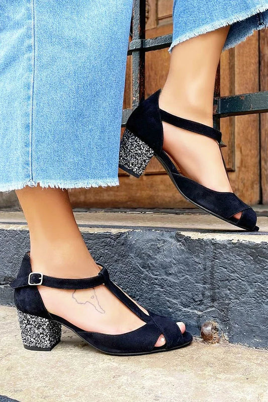 T-Strap Buckle Cutout Peep Toe Glitter Chunky Heels