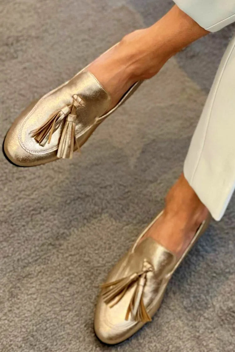 Metallic Sheen Tassel Detail Stitch Loafers