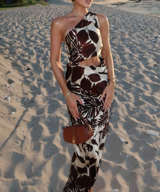 Leaf Print One Shoulder Cut Out Maxi Dress