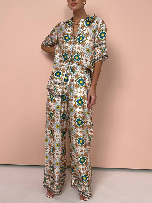Ethnic Print Satin Short Sleeve Button Down Top and Wide Leg Pants Set