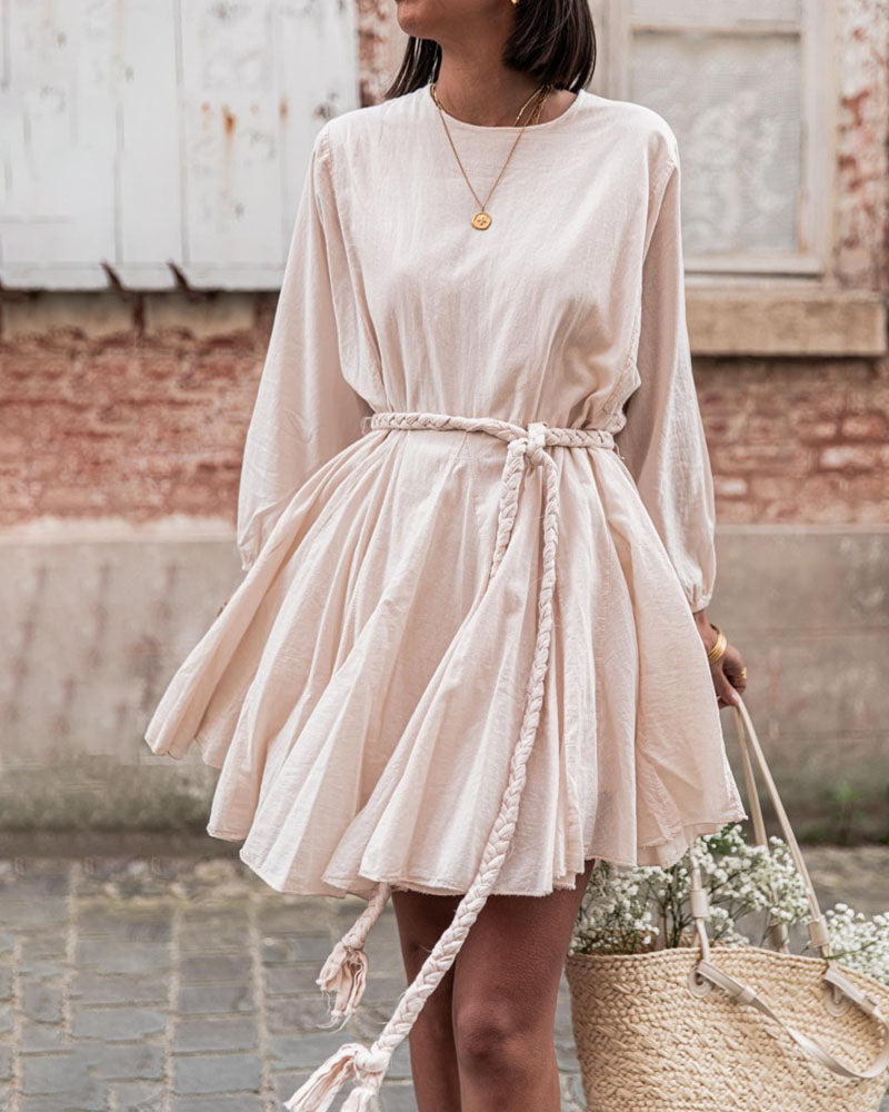 Long Sleeve Braid Belt Mini Dress