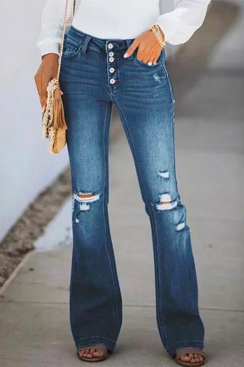 Ripped Button Fly Bell Bottom Jeans