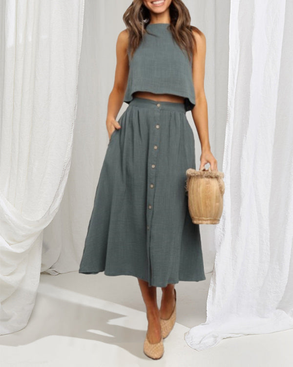 Sleeveless Crop Top Button Front Midi Skirt Set
