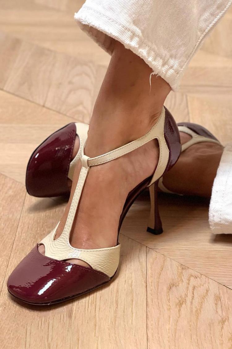 Two Tone T-Strap Cut Out Buckle Stiletto Heels [Pre Order]