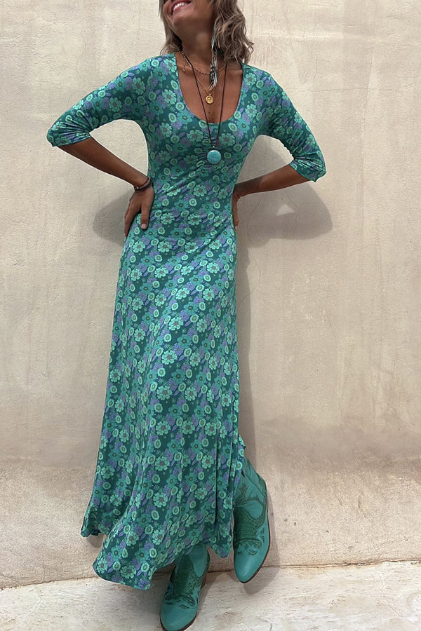 Floral Scoop Neck Half Sleeve Elastic Maxi Dress