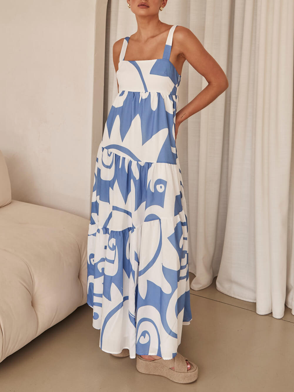 Geometric Print Tiered Square Neck Maxi Dress