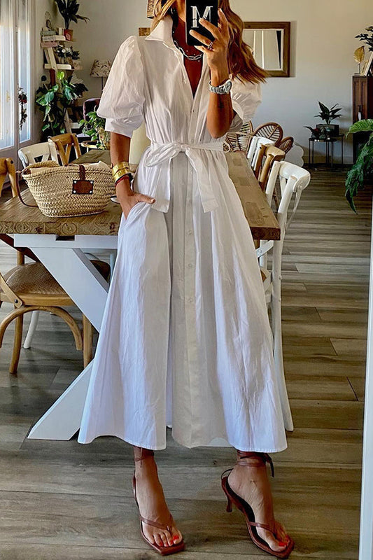 Vintage Pocketed Button Down Puff Sleeve Midi Shirt Dress