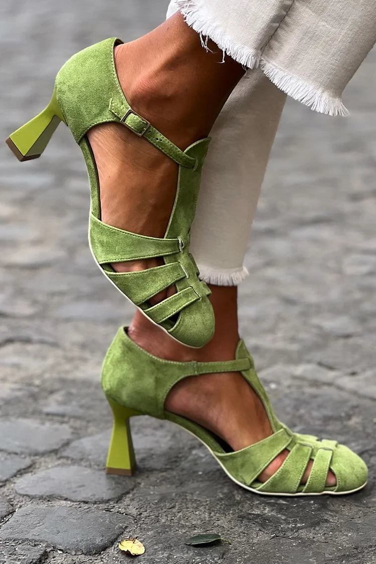 Suede Cutout Buckle Strap Closed Toe Flare Heels