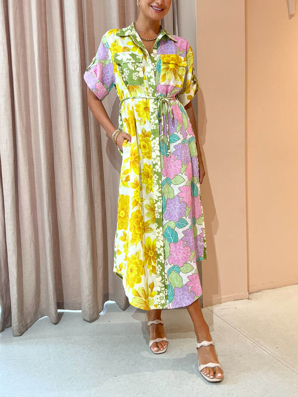 Paneled Floral Shirt Midi Dress