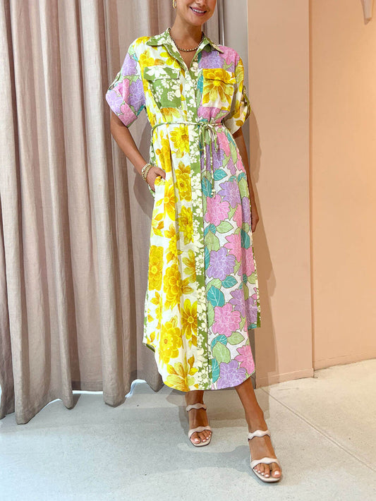 Paneled Floral Shirt Midi Dress