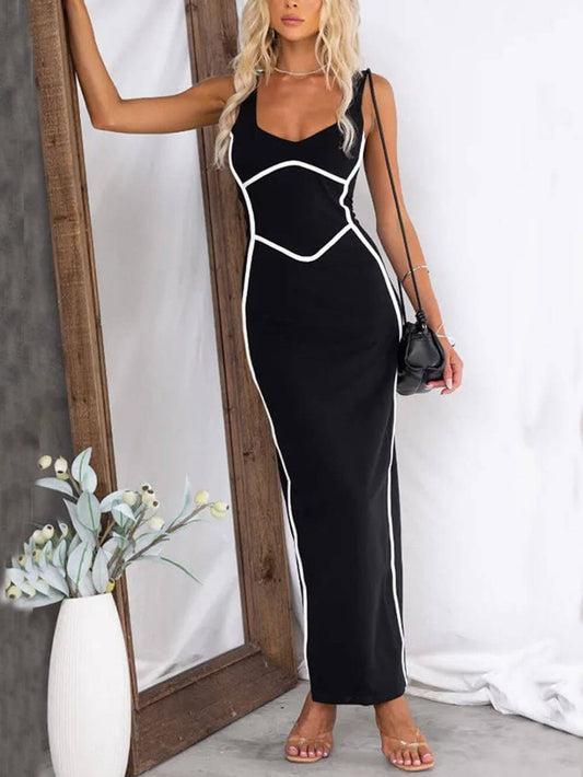 Scoop Neckline Line Trim Bodycon Stretch Maxi Dress