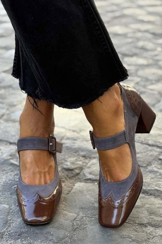 Square Toe Brogue Detail Buckle Strap Chunky Heels [Pre Order]