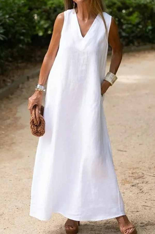 Deep v-neck sleeveless long cotton and linen dress